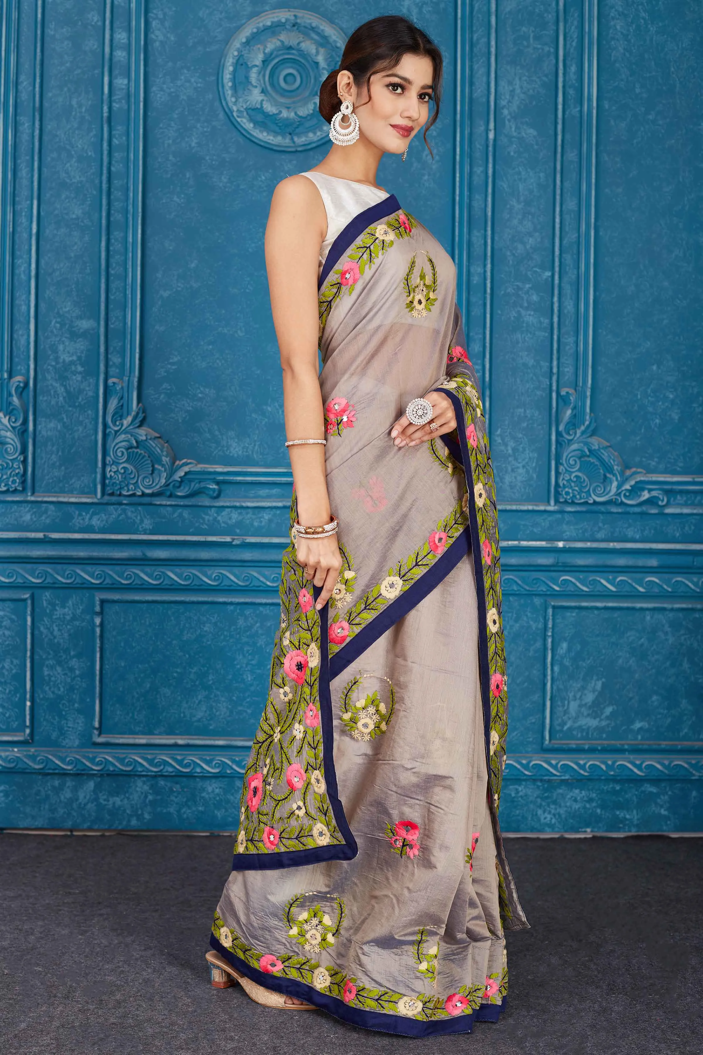 91A328 Grey Phulkari Work Kota Saree