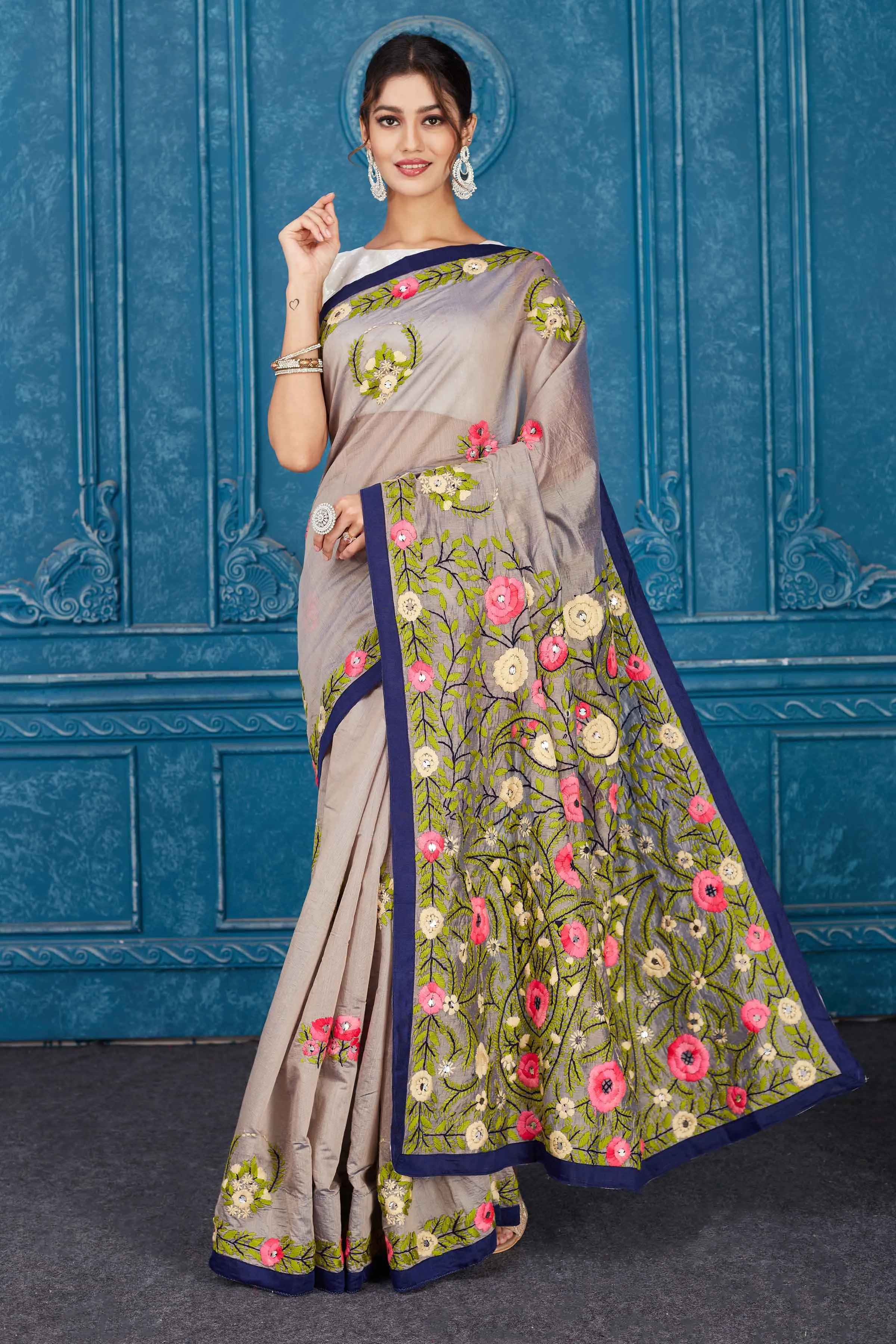 91A328 Grey Phulkari Work Kota Saree