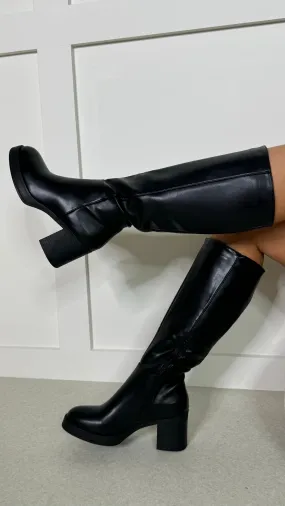 Adalia Elegant Long Leather-Look Boots with Black Block Heels