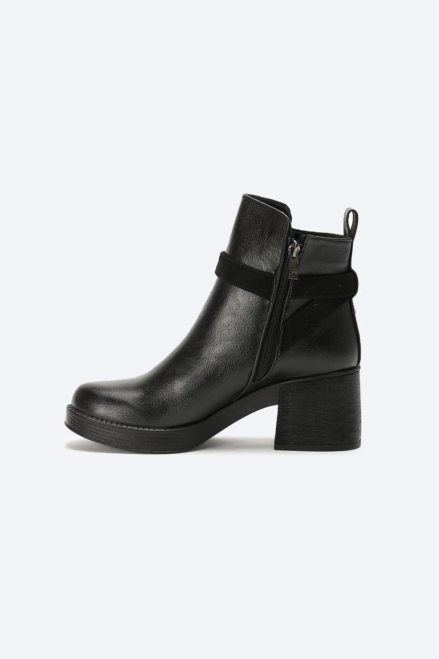 Ankle Boots - Buckle Strap - Block High Heel - Black