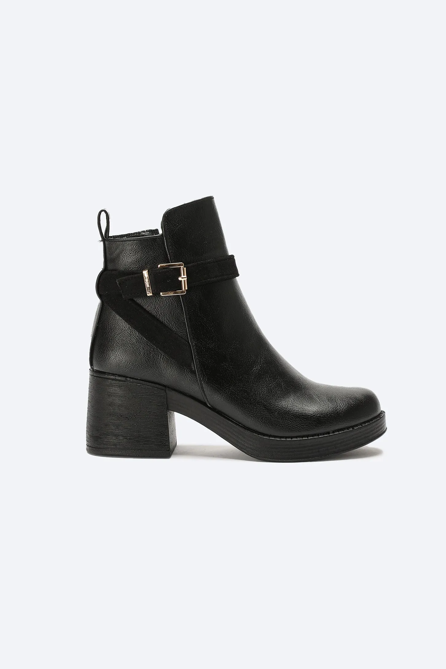 Ankle Boots - Buckle Strap - Block High Heel - Black