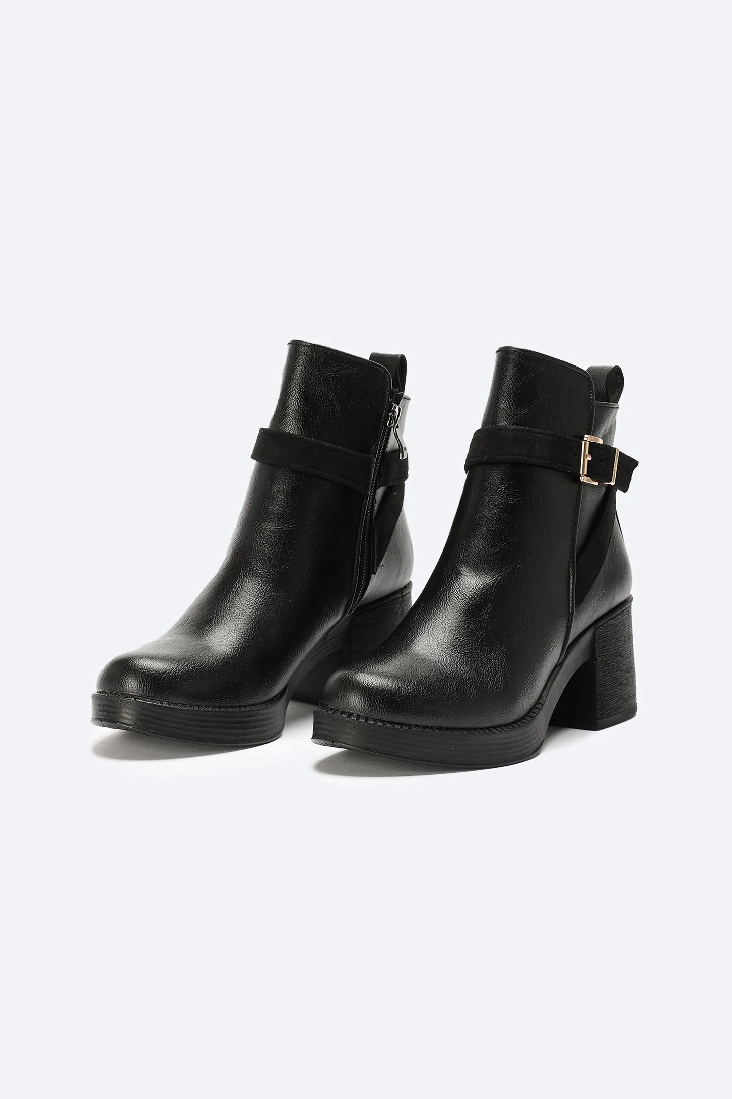 Ankle Boots - Buckle Strap - Block High Heel - Black