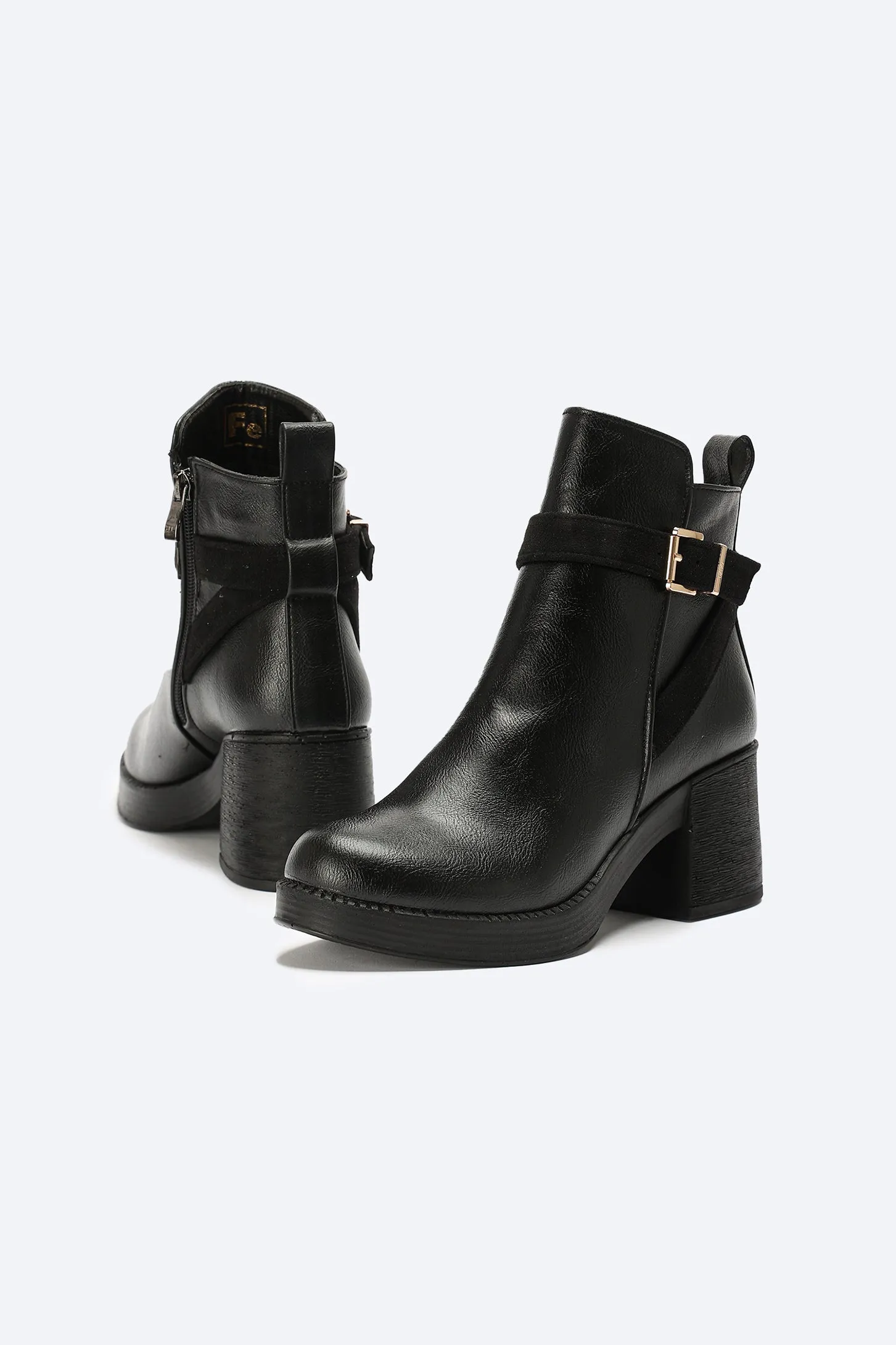 Ankle Boots - Buckle Strap - Block High Heel - Black