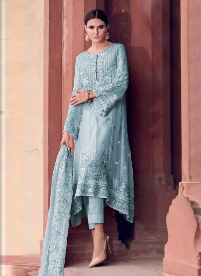 Aqua Blue Color Soft Net Base Stone Work And Resham Work Pant Style Suit