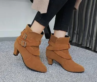 Autumn Leather Casual Women High Heels Pumps Warm Ankle Boots