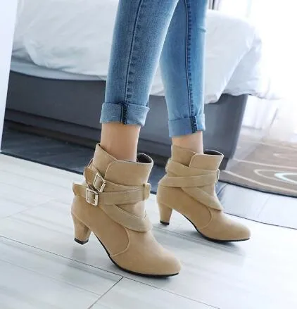 Autumn Leather Casual Women High Heels Pumps Warm Ankle Boots