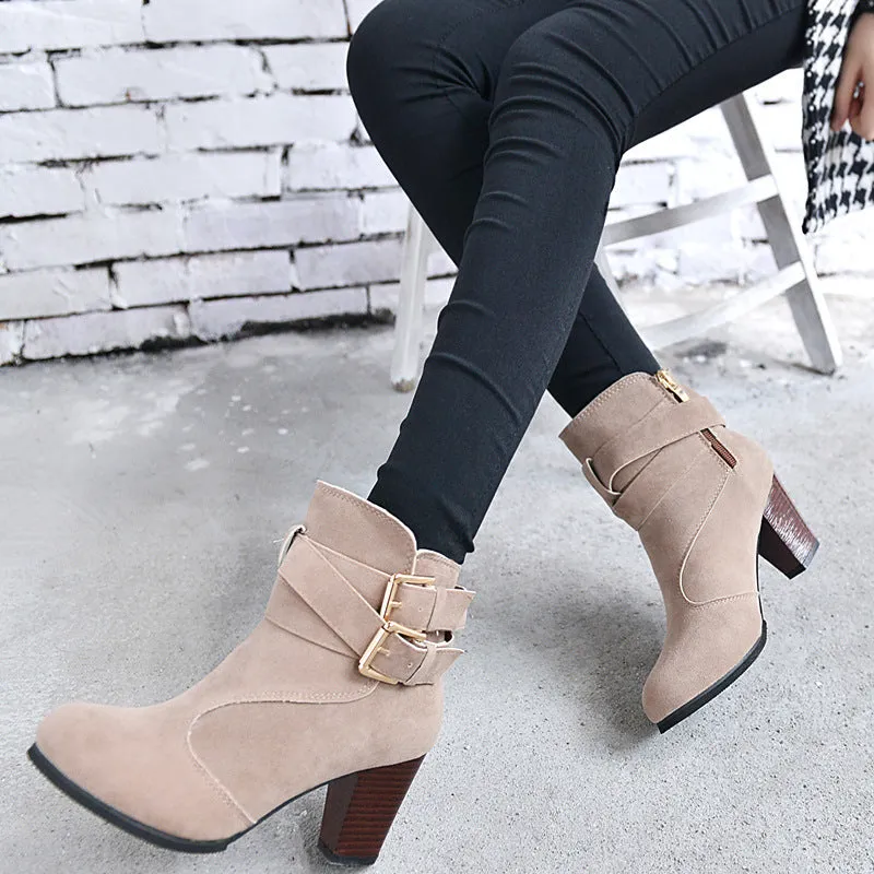 Autumn Leather Casual Women High Heels Pumps Warm Ankle Boots