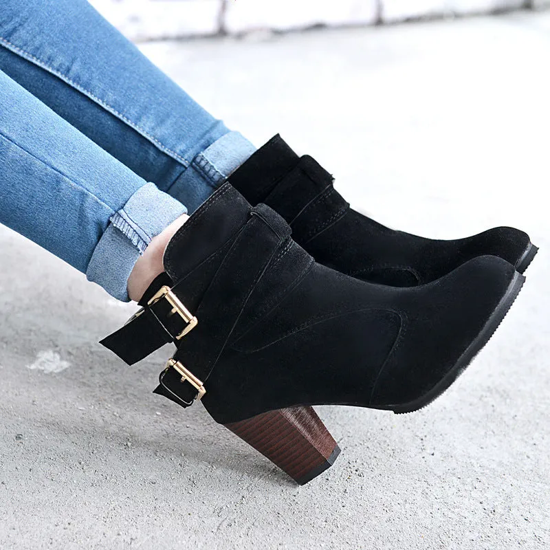 Autumn Leather Casual Women High Heels Pumps Warm Ankle Boots