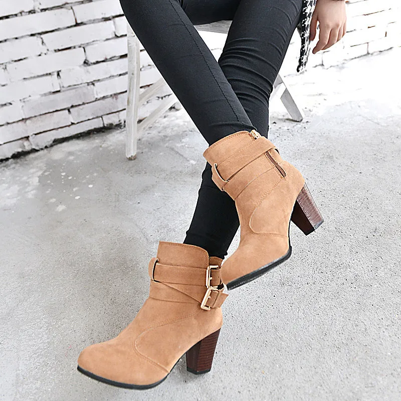 Autumn Leather Casual Women High Heels Pumps Warm Ankle Boots