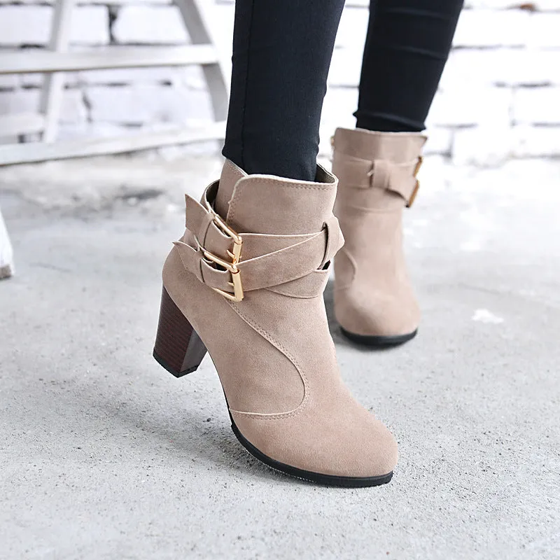 Autumn Leather Casual Women High Heels Pumps Warm Ankle Boots