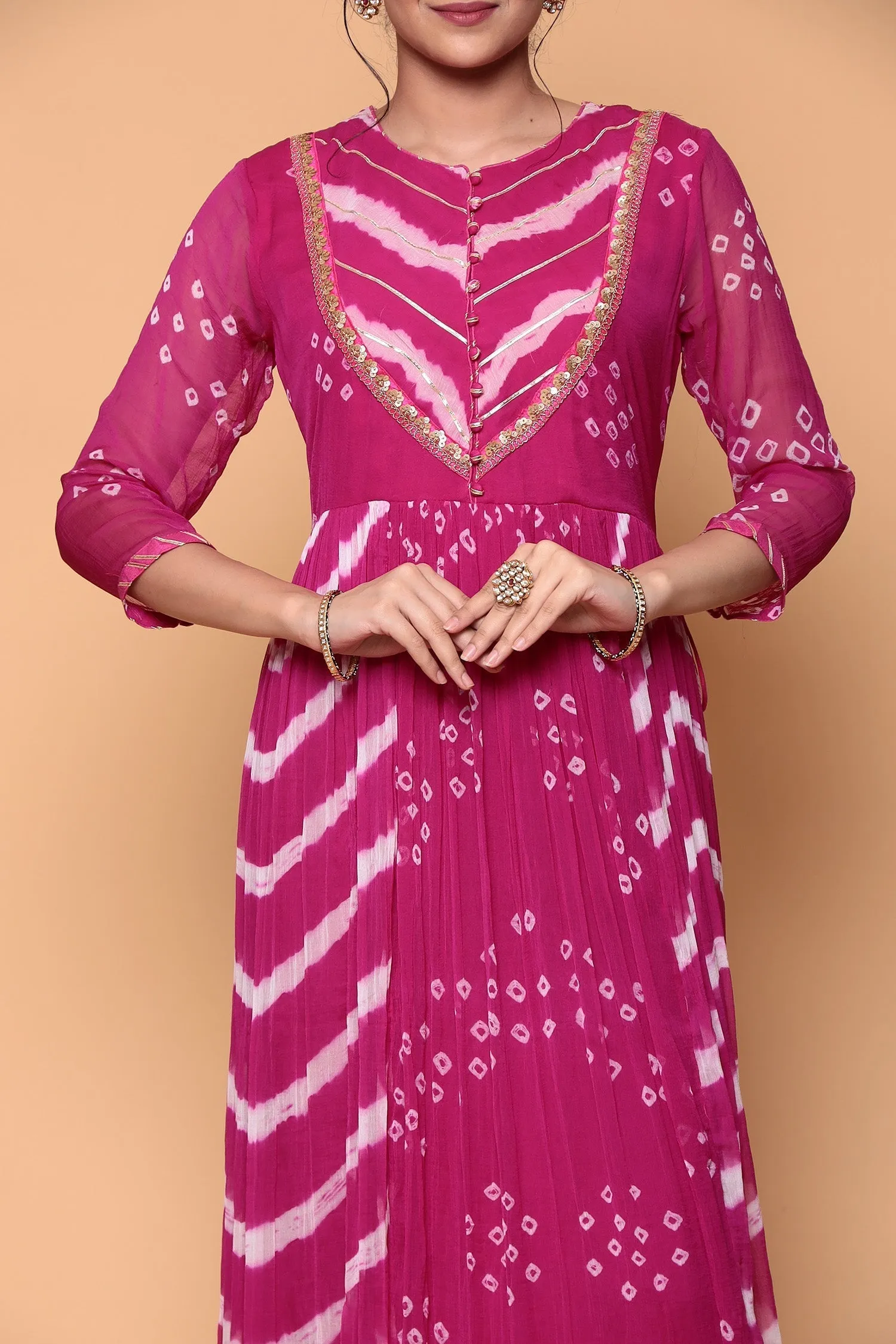 Bandhej Chiffon Kurta Stitched with Gota work.