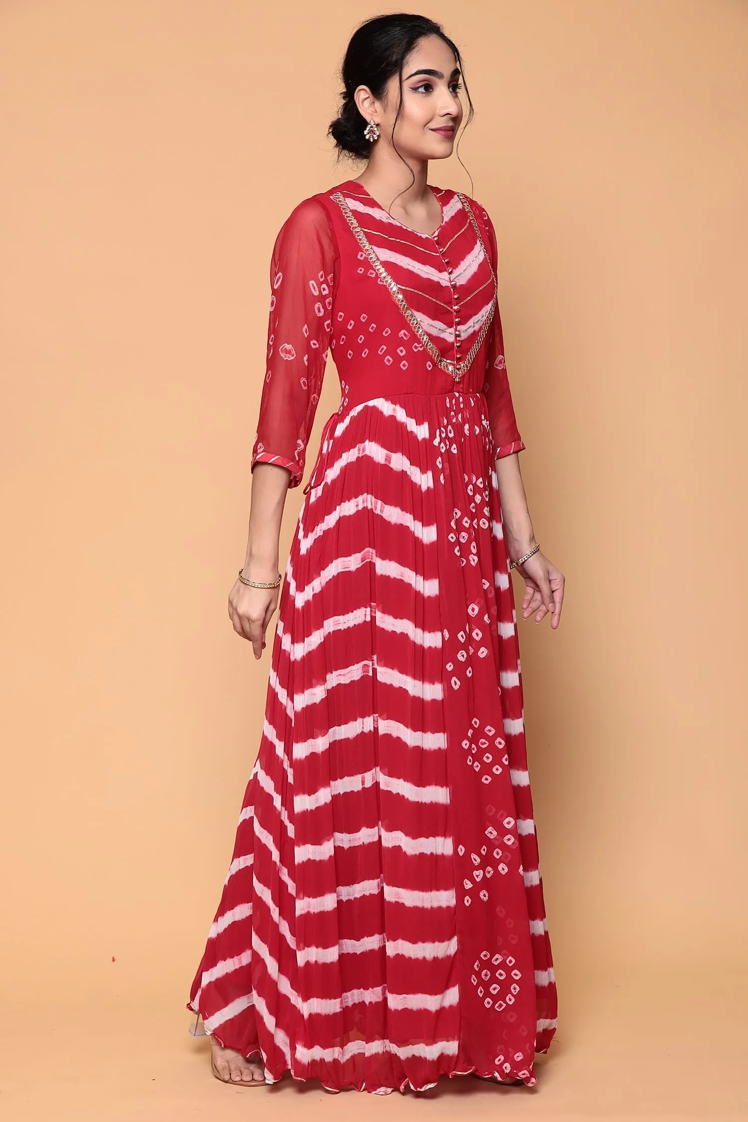 Bandhej Chiffon Kurta Stitched with Gota work.