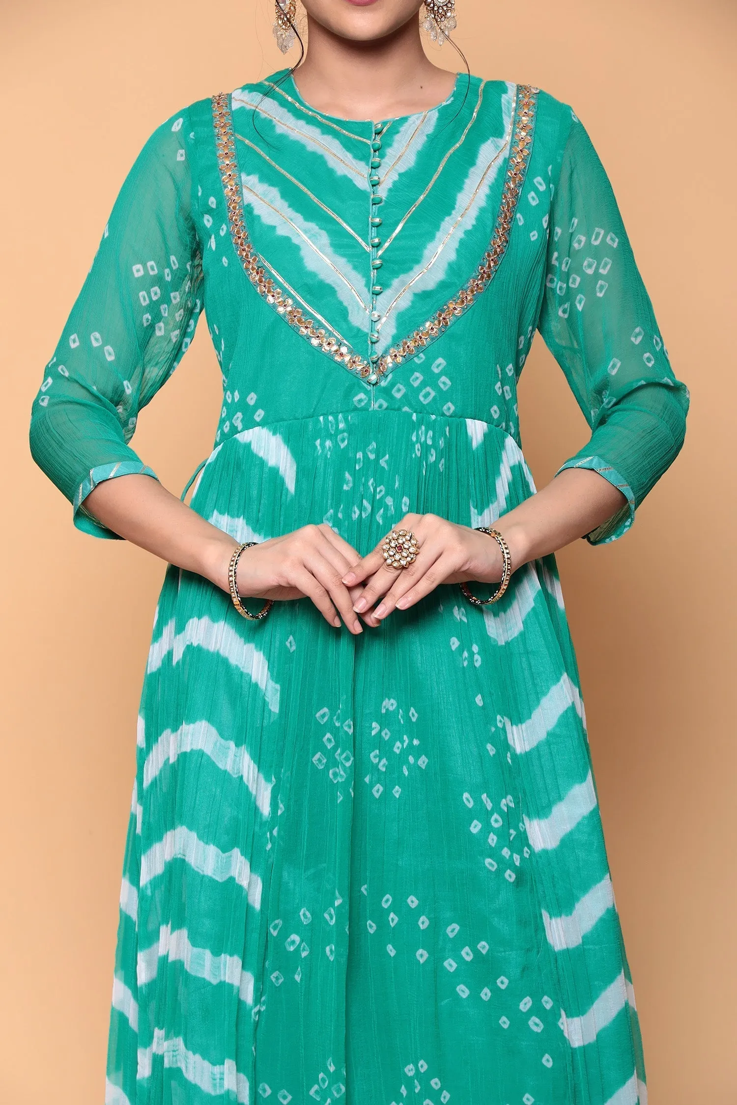 Bandhej Chiffon Kurta Stitched with Gota work.