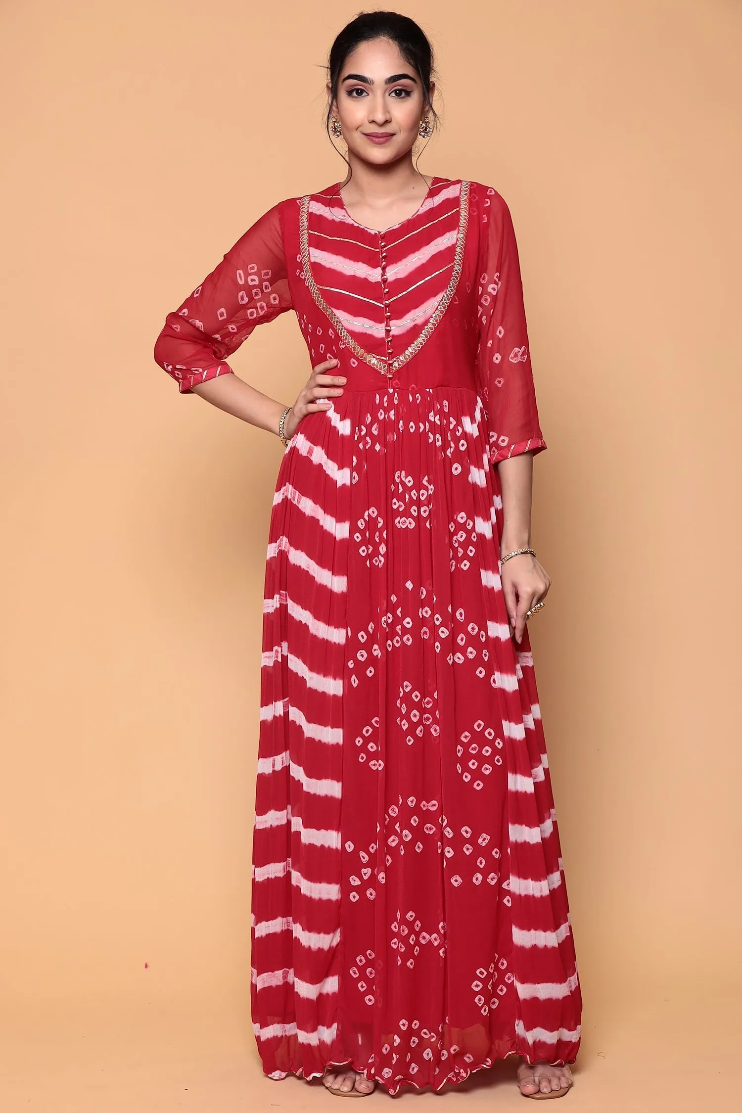 Bandhej Chiffon Kurta Stitched with Gota work.