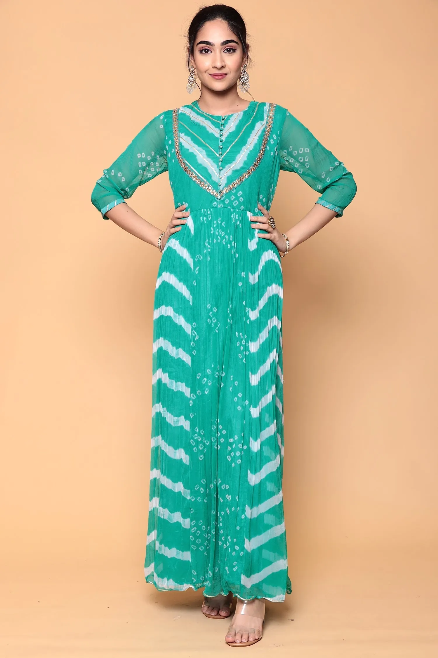 Bandhej Chiffon Kurta Stitched with Gota work.