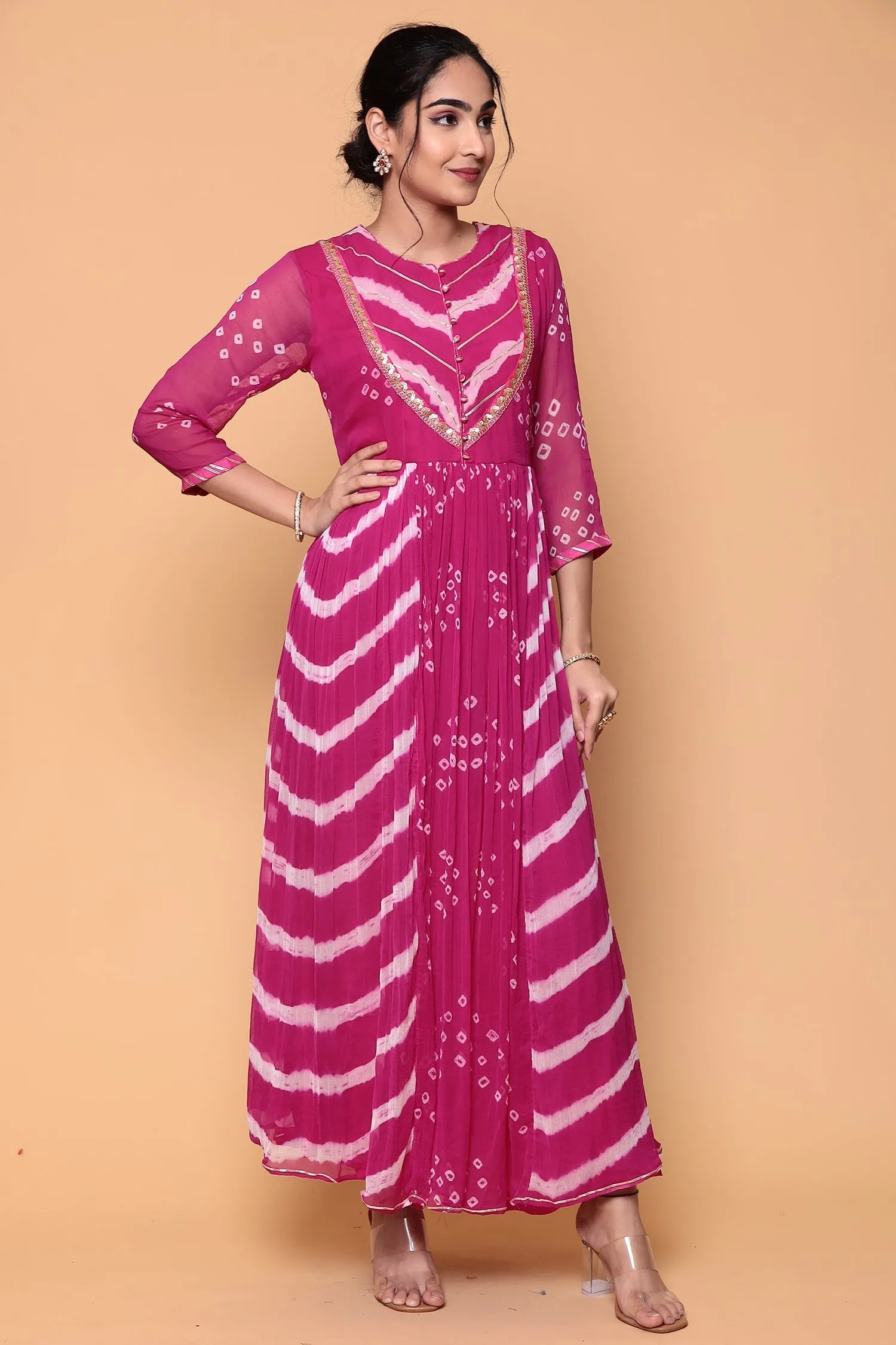 Bandhej Chiffon Kurta Stitched with Gota work.