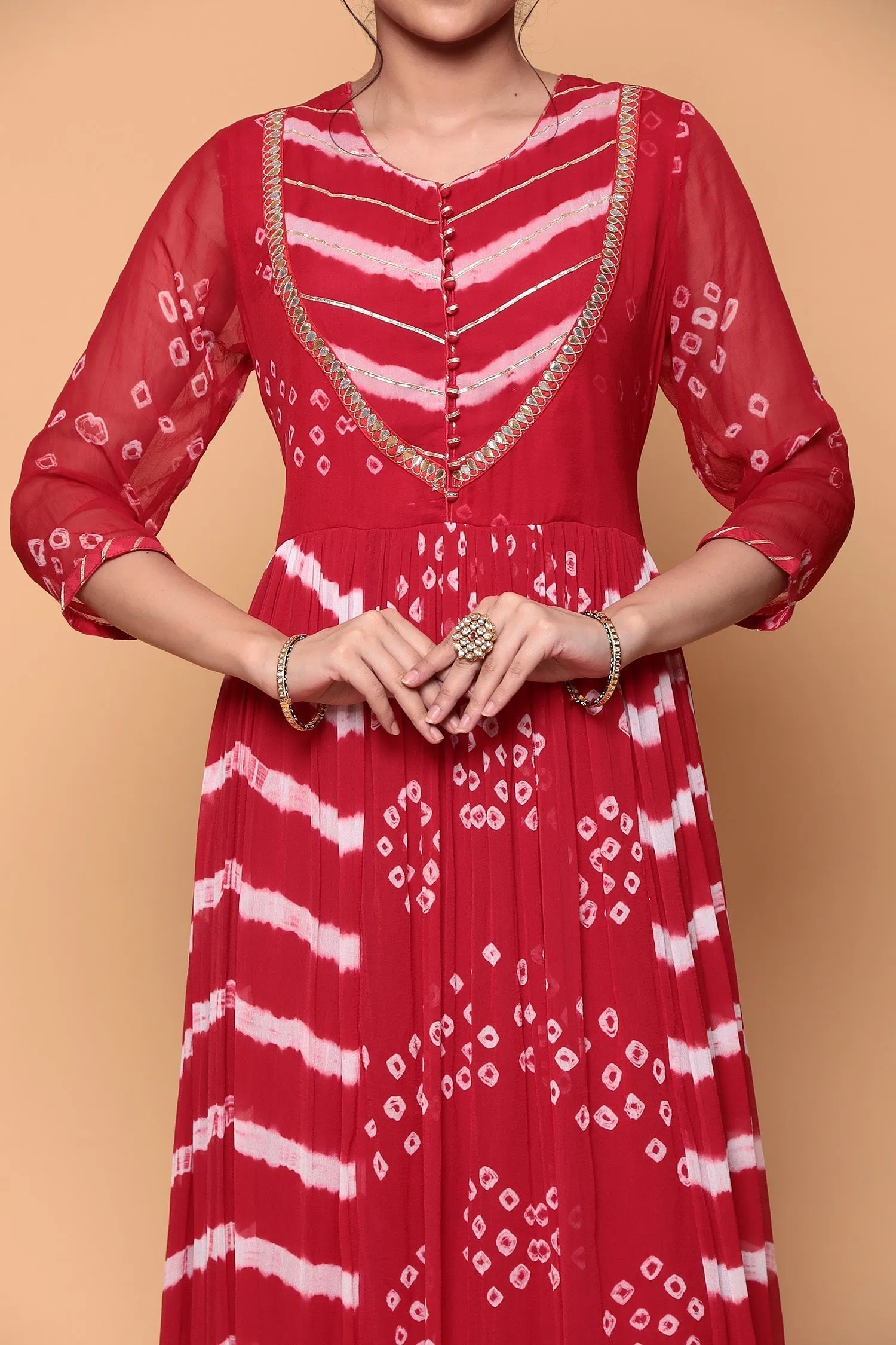 Bandhej Chiffon Kurta Stitched with Gota work.