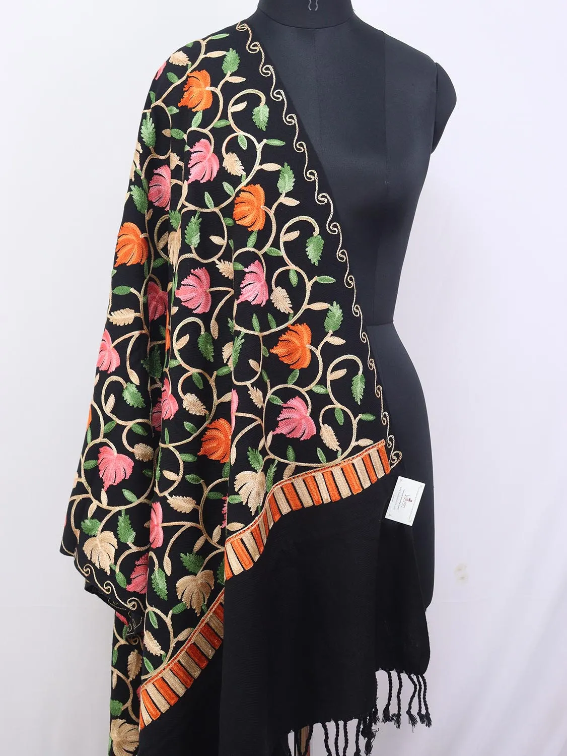 Black Embroidered Kashmiri Aari Work Woollen Stole