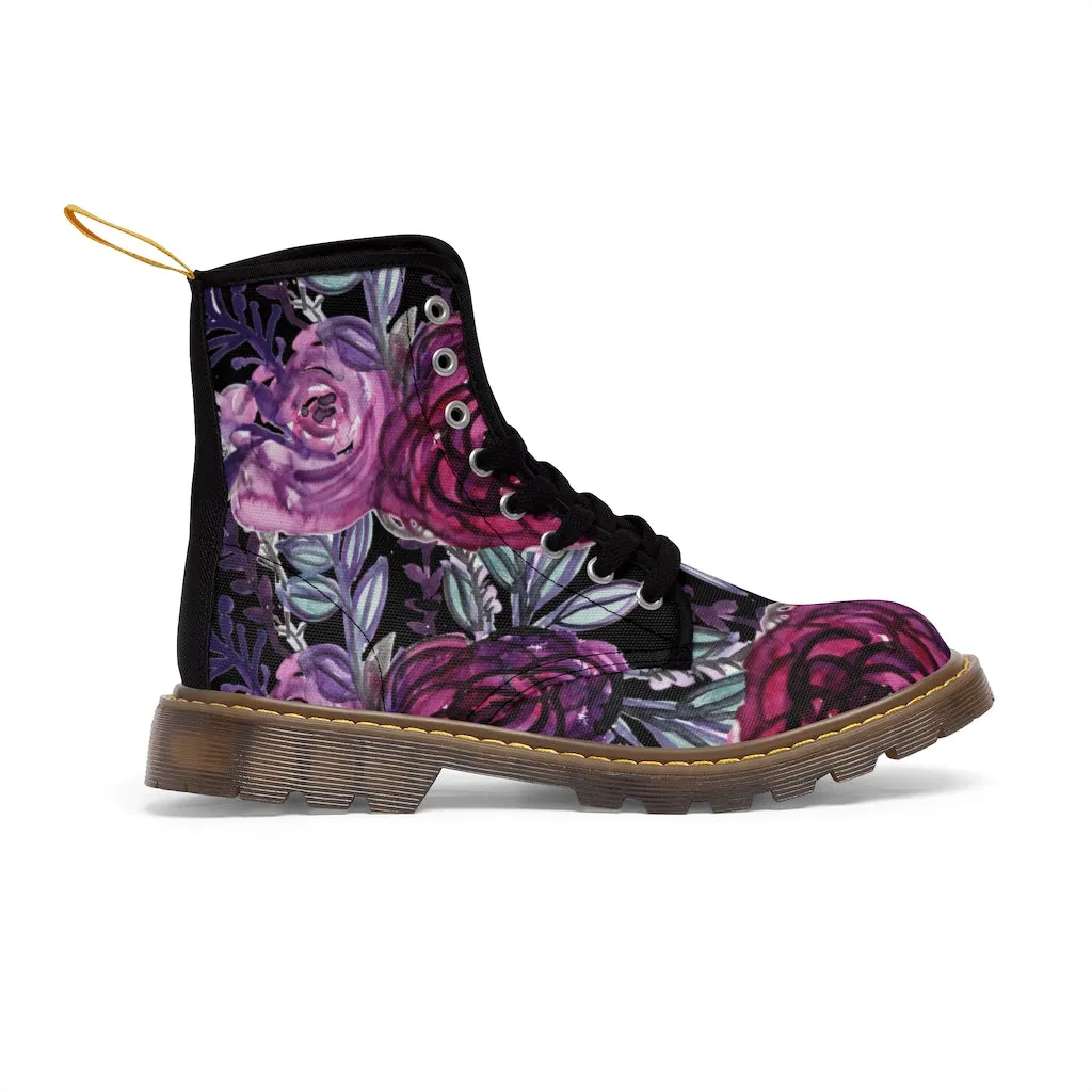 Black Purple Rose Women's Boots, Floral Print Spring Style Winter Combat Lace-up Boots For Ladies