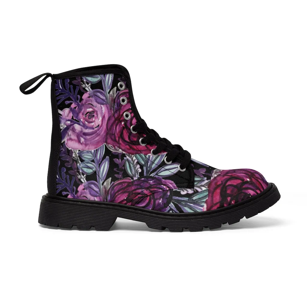 Black Purple Rose Women's Boots, Floral Print Spring Style Winter Combat Lace-up Boots For Ladies