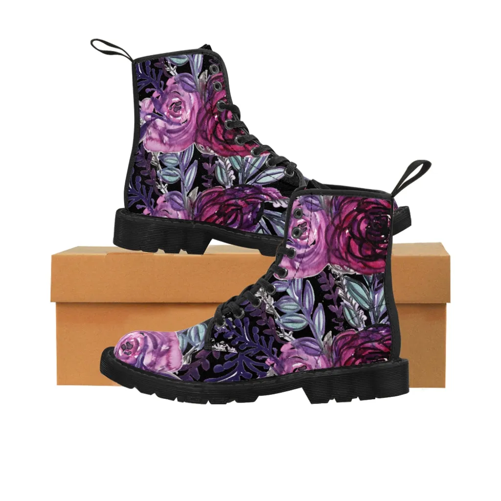 Black Purple Rose Women's Boots, Floral Print Spring Style Winter Combat Lace-up Boots For Ladies