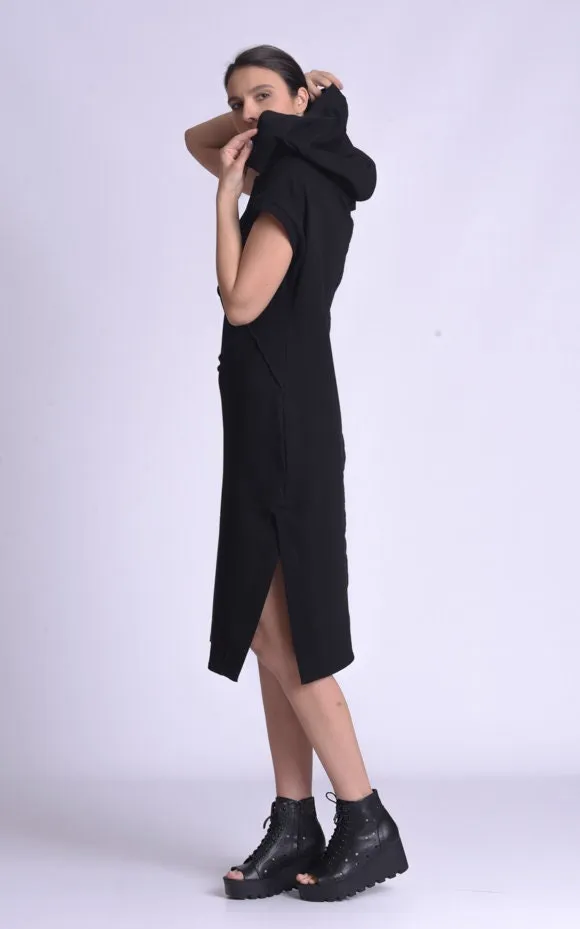 Casual Hooded Knee Length Black Dress