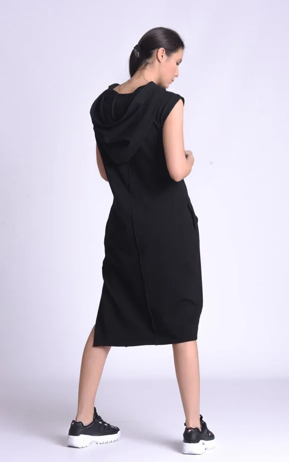 Casual Hooded Knee Length Black Dress