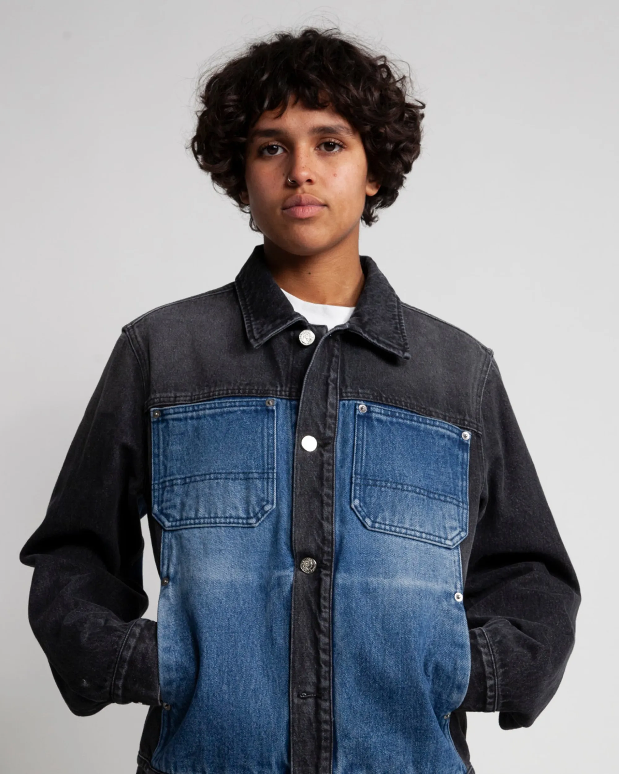 Colour Blocked Denim Work Jacket - Black / Blue