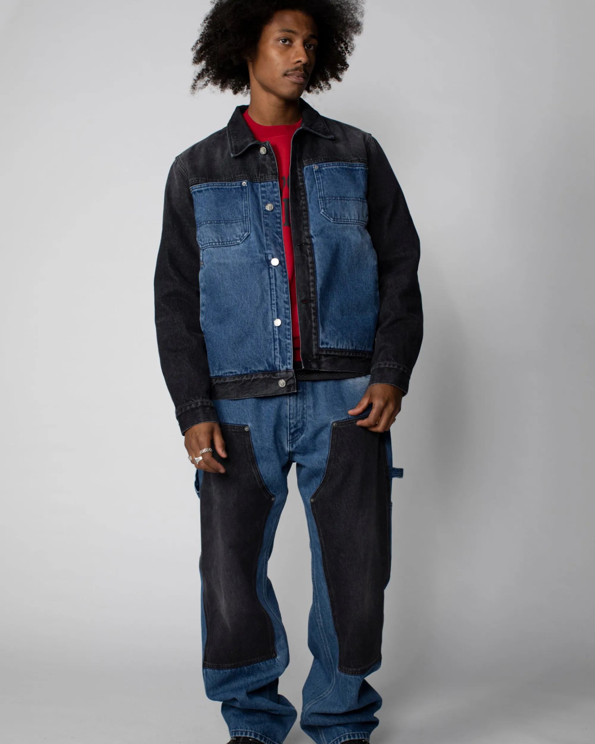 Colour Blocked Denim Work Jacket - Black / Blue