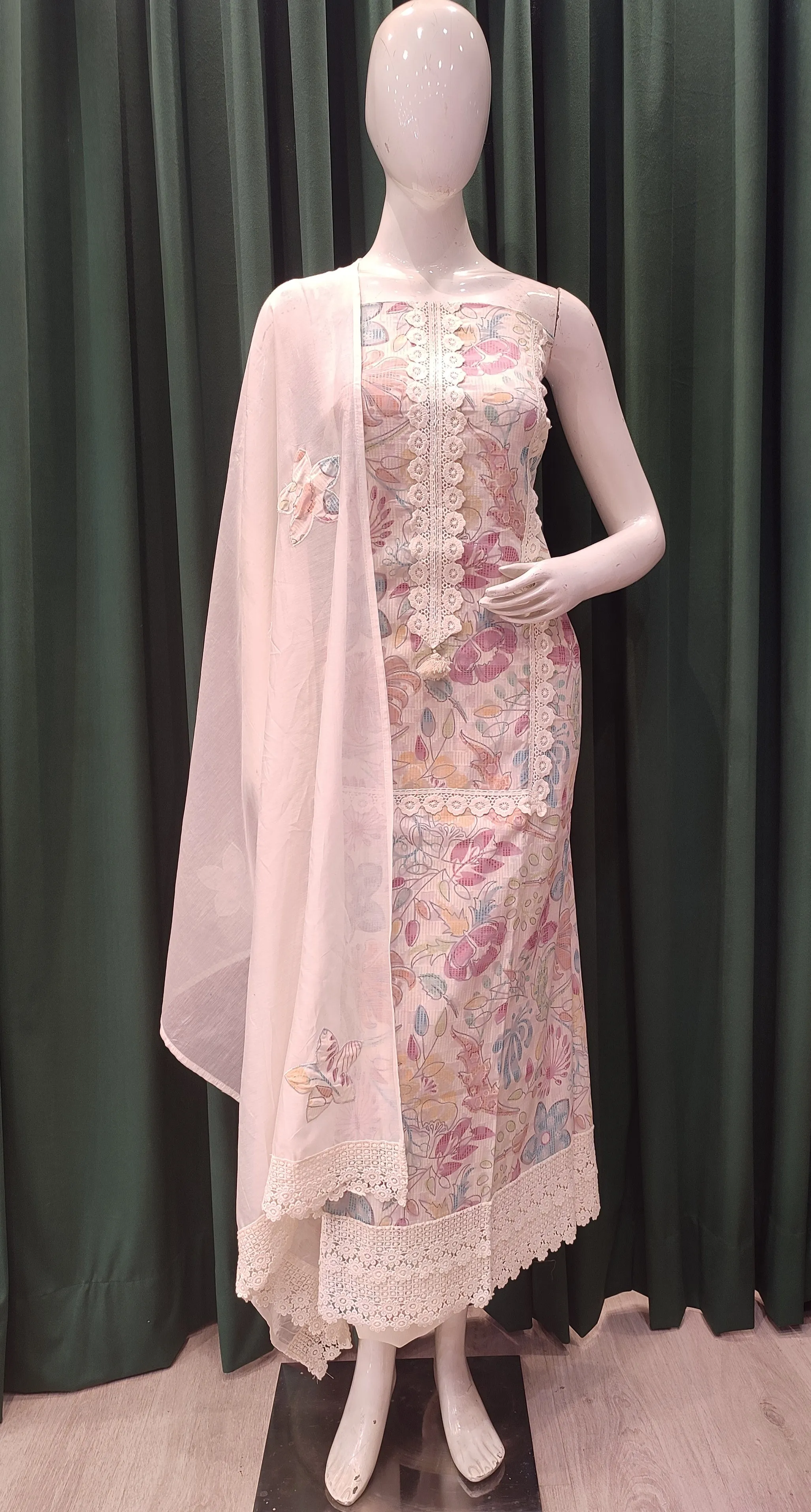 Cream Cotton unstitched suit with lace work