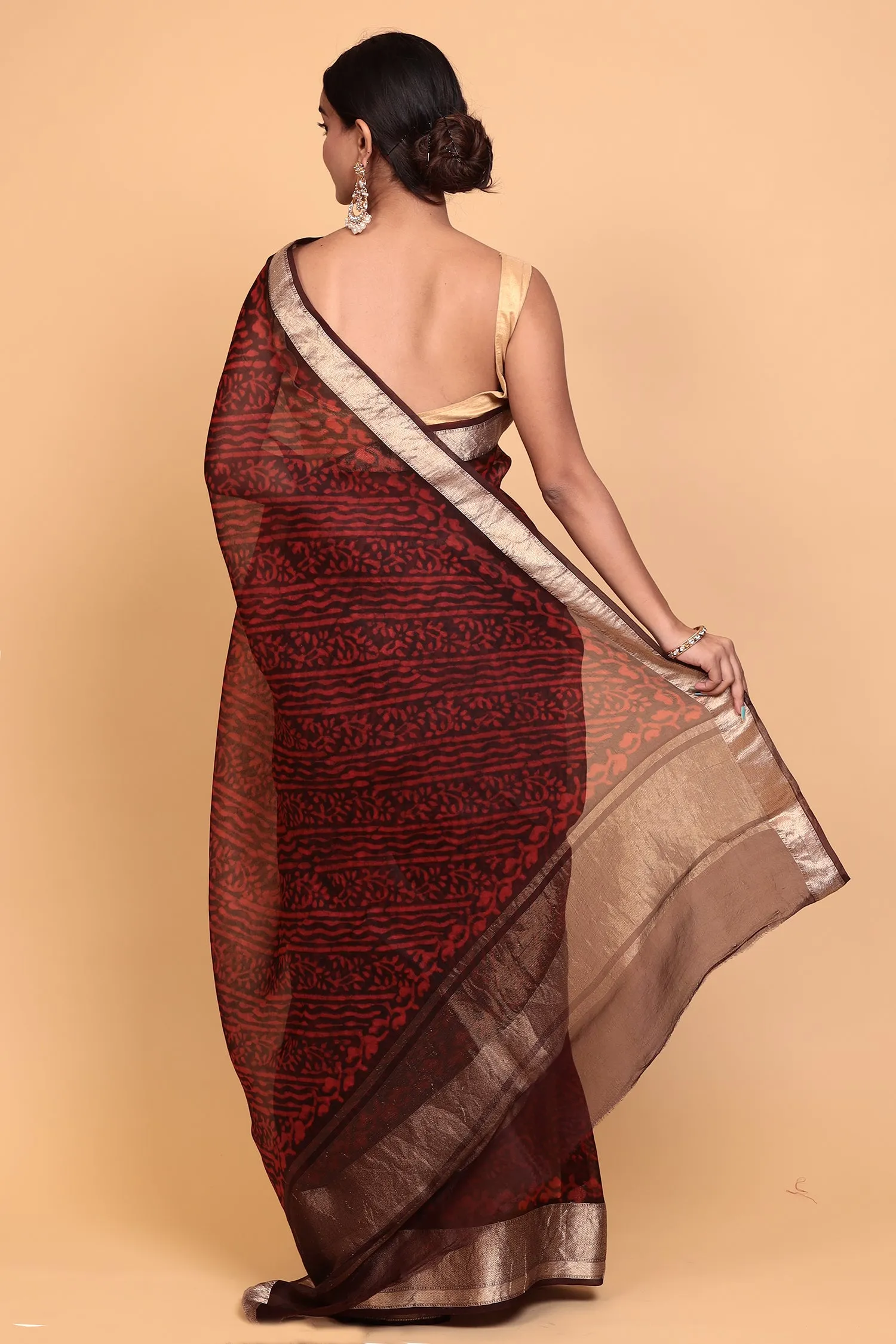 Dabu Print Organza Saree with Zari work.