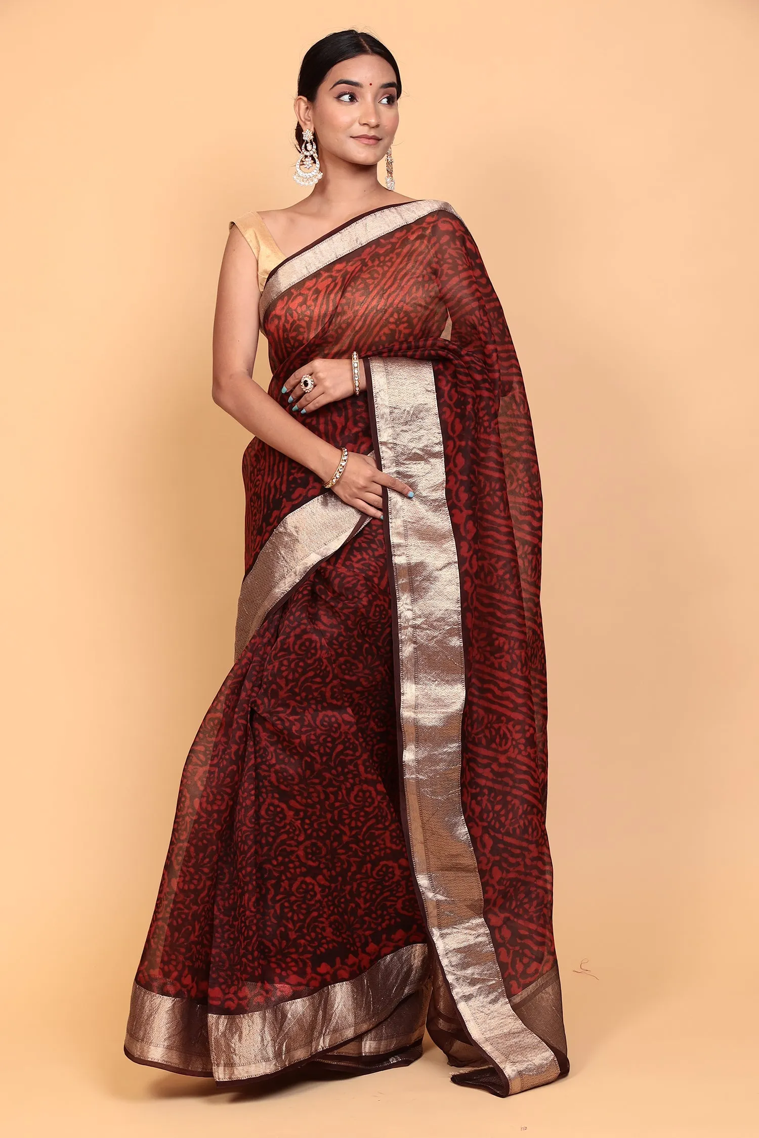 Dabu Print Organza Saree with Zari work.