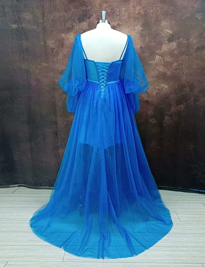 Embroidered Corset Puffy Sleeve Mesh Tulle Ball Gown Thigh Split Bridesmaid Dress SH433