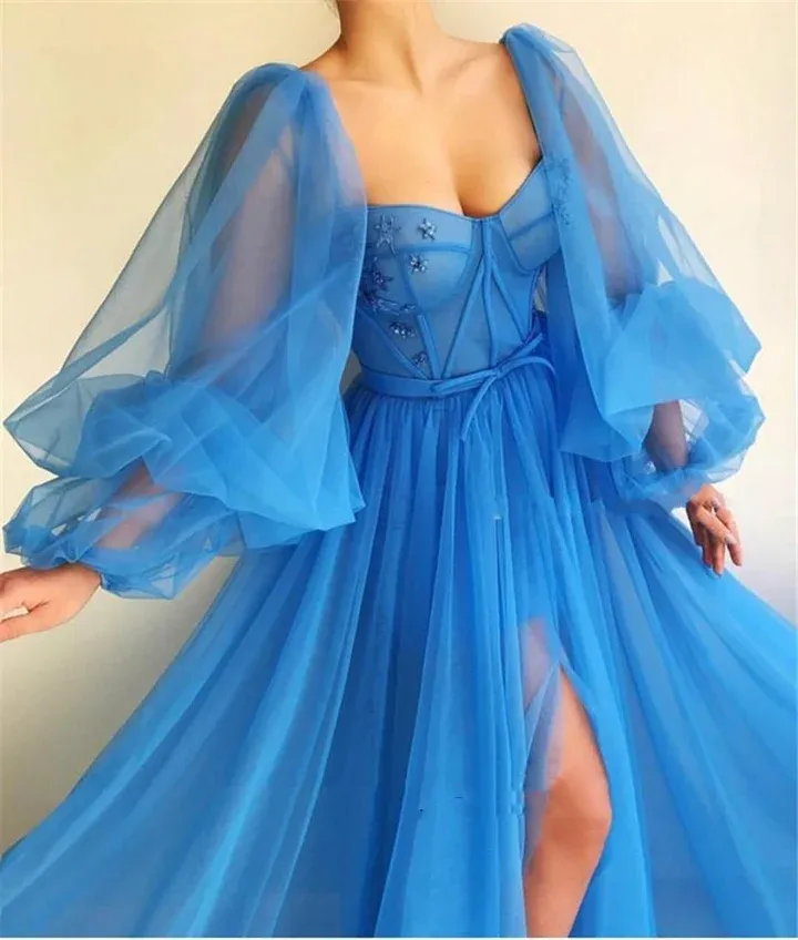 Embroidered Corset Puffy Sleeve Mesh Tulle Ball Gown Thigh Split Bridesmaid Dress SH433