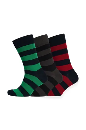 Everyday Cotton Sock Wide Stripe 3 Pack - Green/Grey/Red