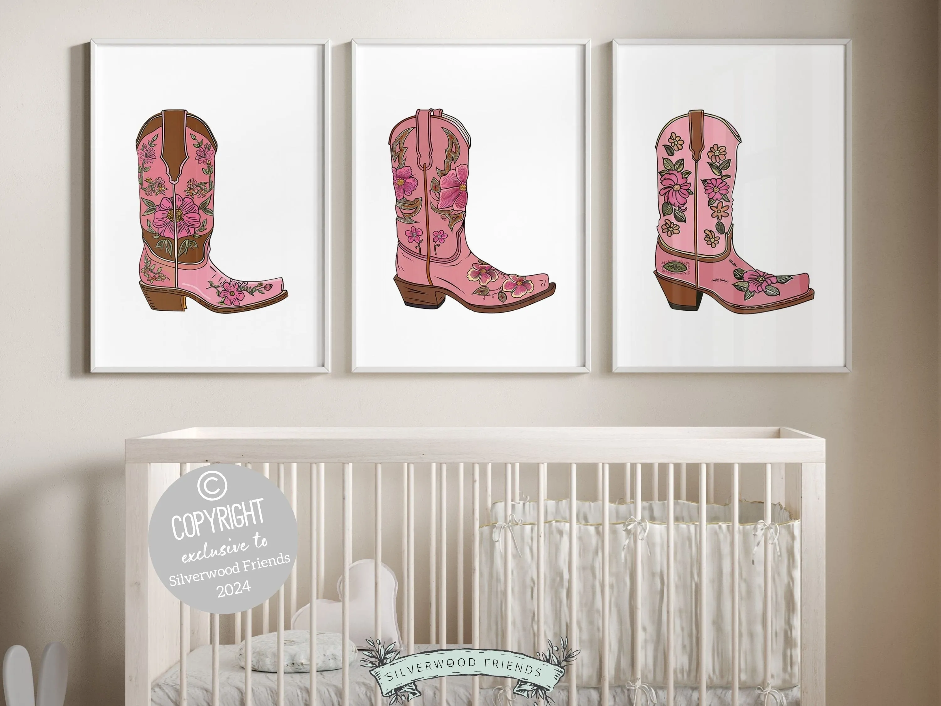 Floral Cowgirl Boot Prints - Set of 3