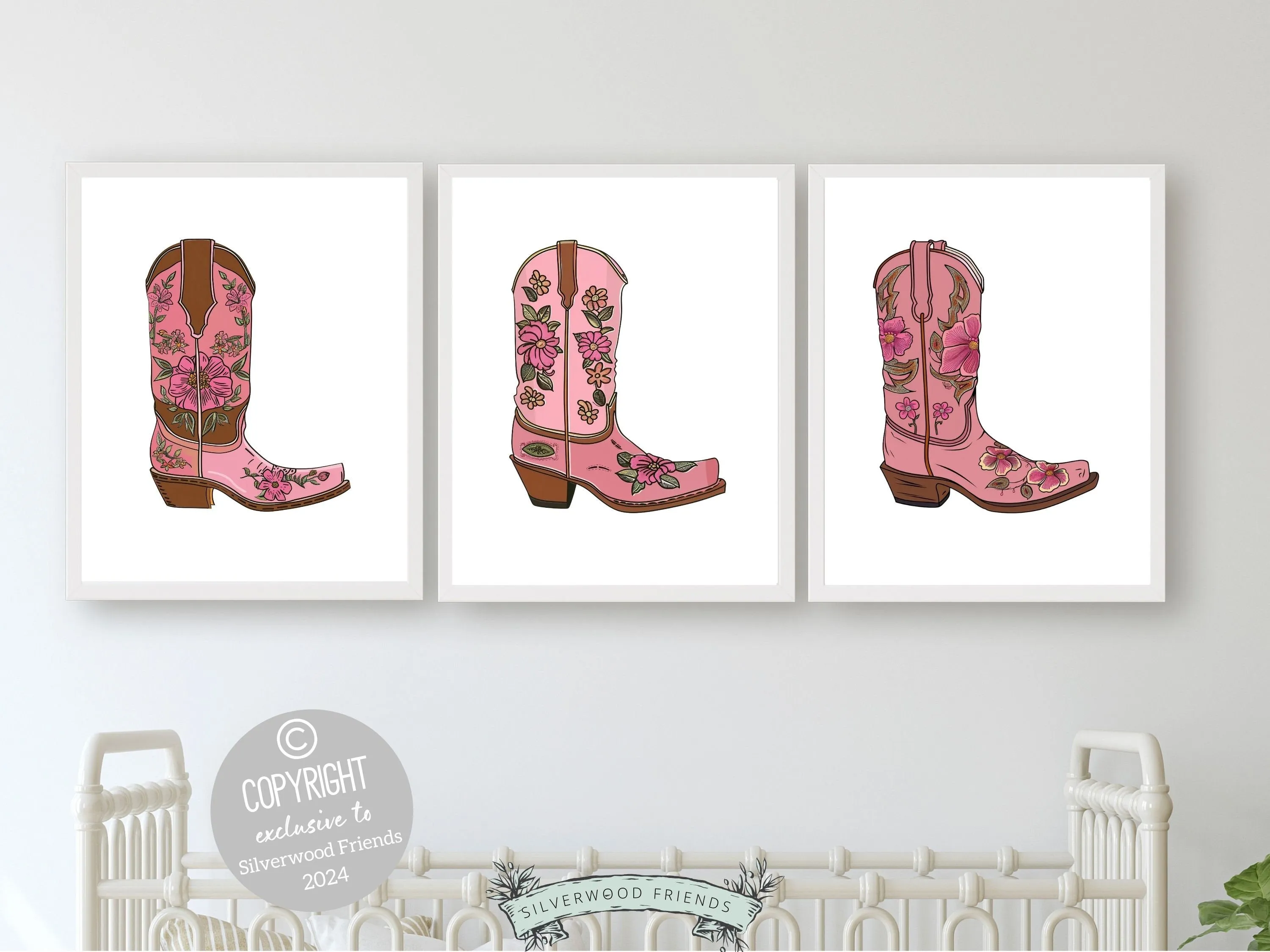 Floral Cowgirl Boot Prints - Set of 3