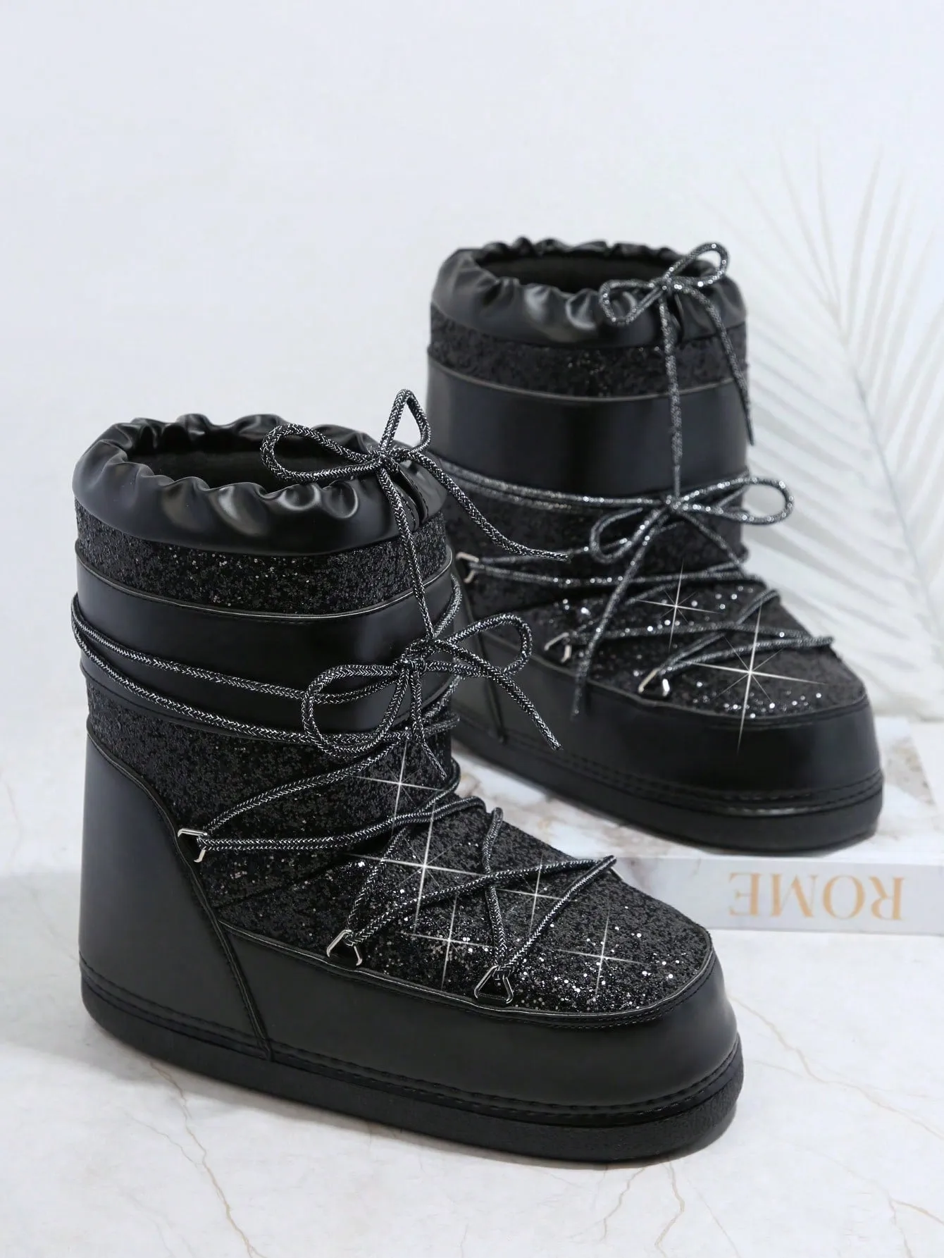 Glitter Lace-Up Front Ankle Boots