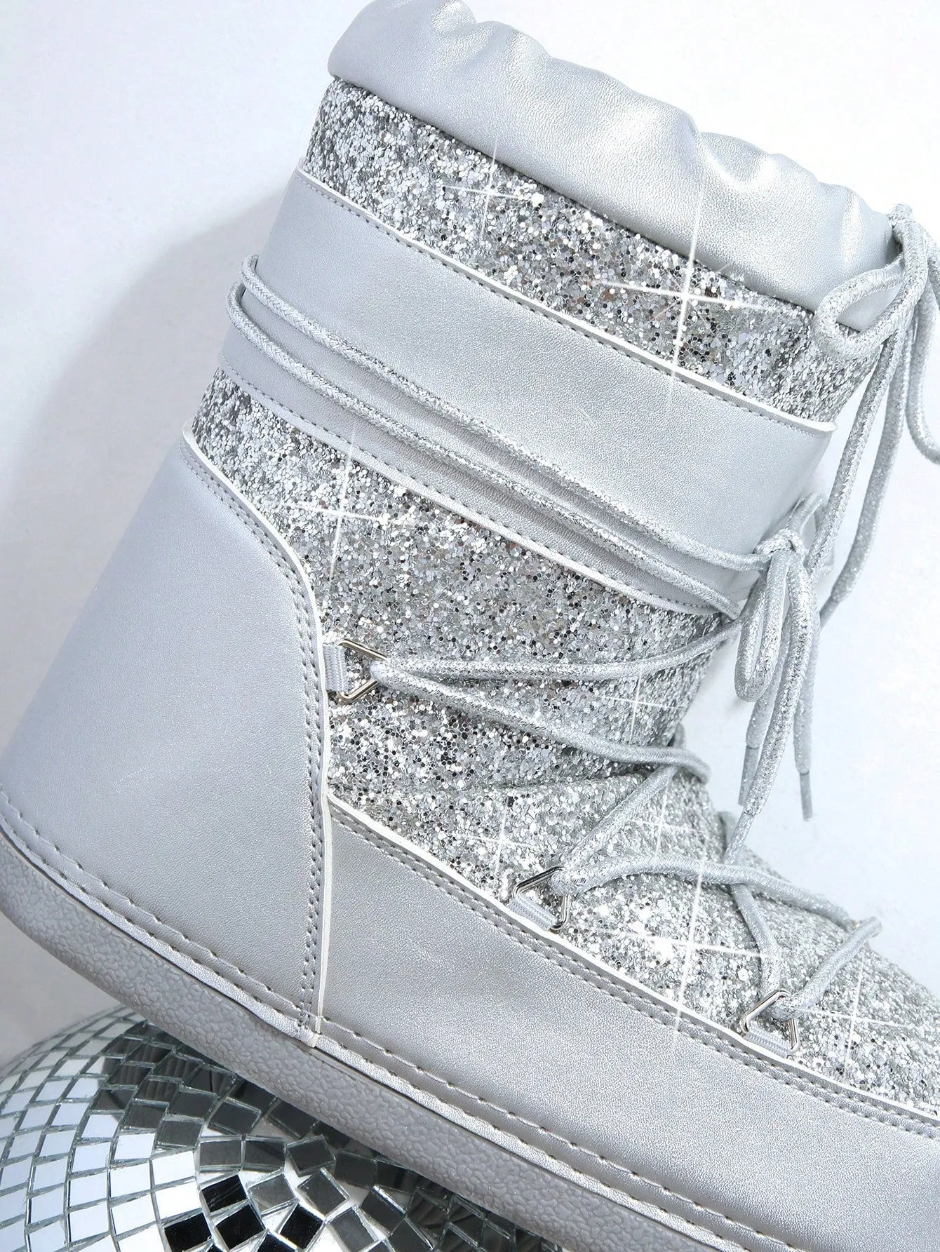 Glitter Lace-Up Front Ankle Boots