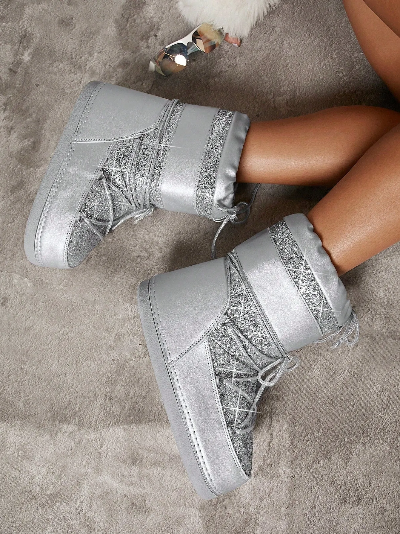 Glitter Lace-Up Front Ankle Boots