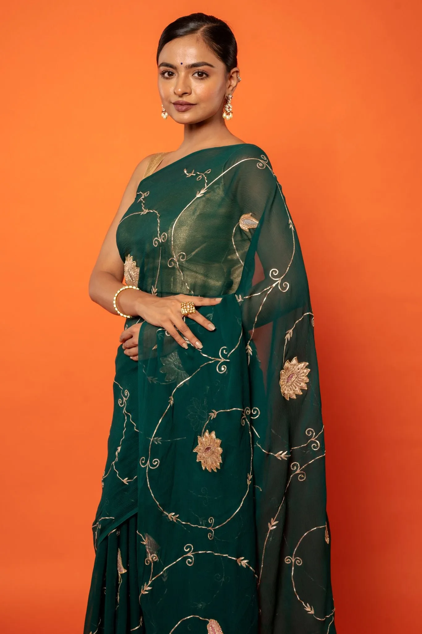 Green Pure Chiffon Chanderi work Saree