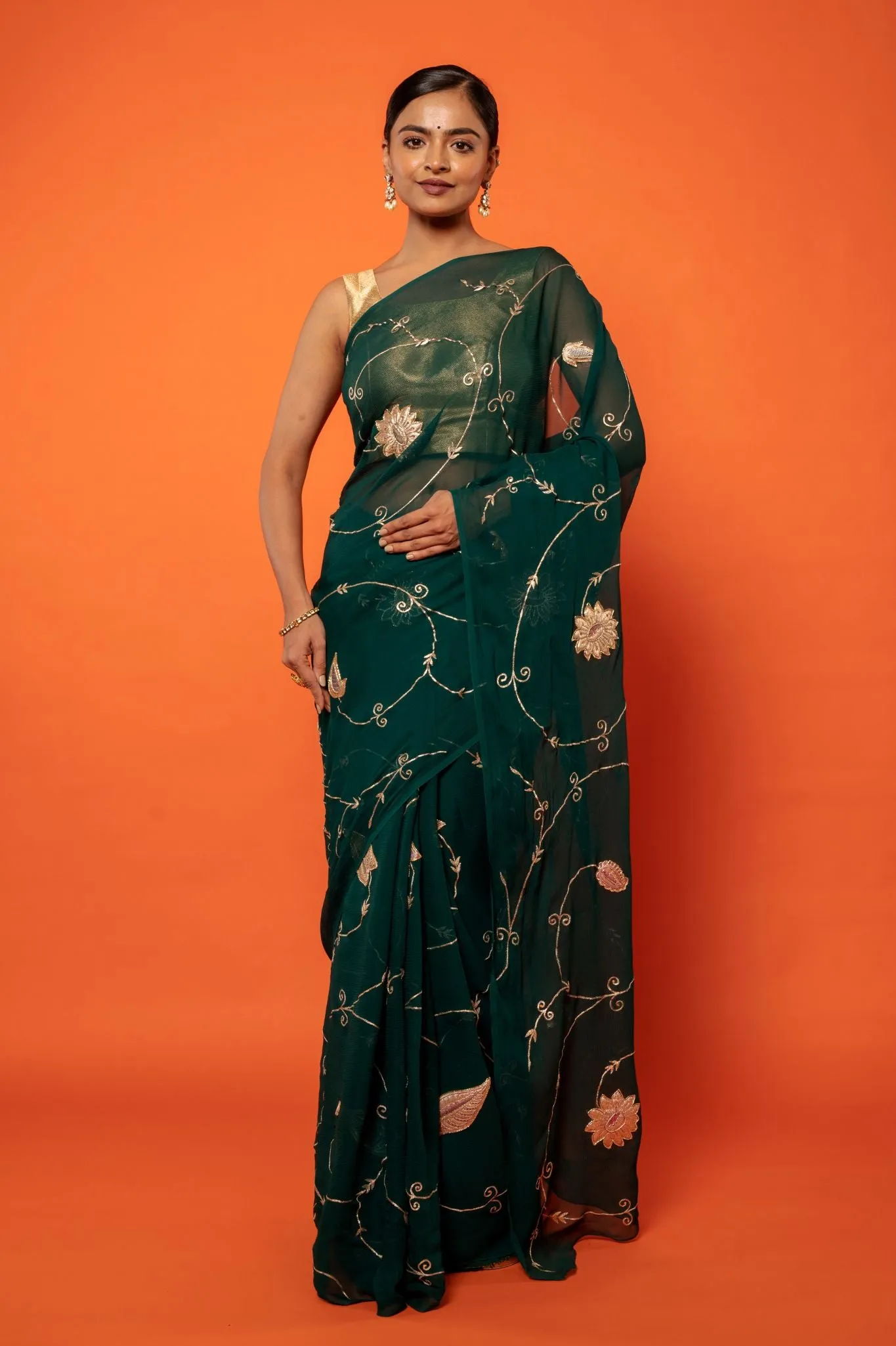 Green Pure Chiffon Chanderi work Saree