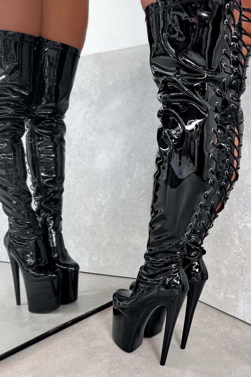 👢 Black Beatle Thigh High Boots - 8-inch Lace-Up with Back Zipper by Hella Heels - Thicc and Stylish Design 👢