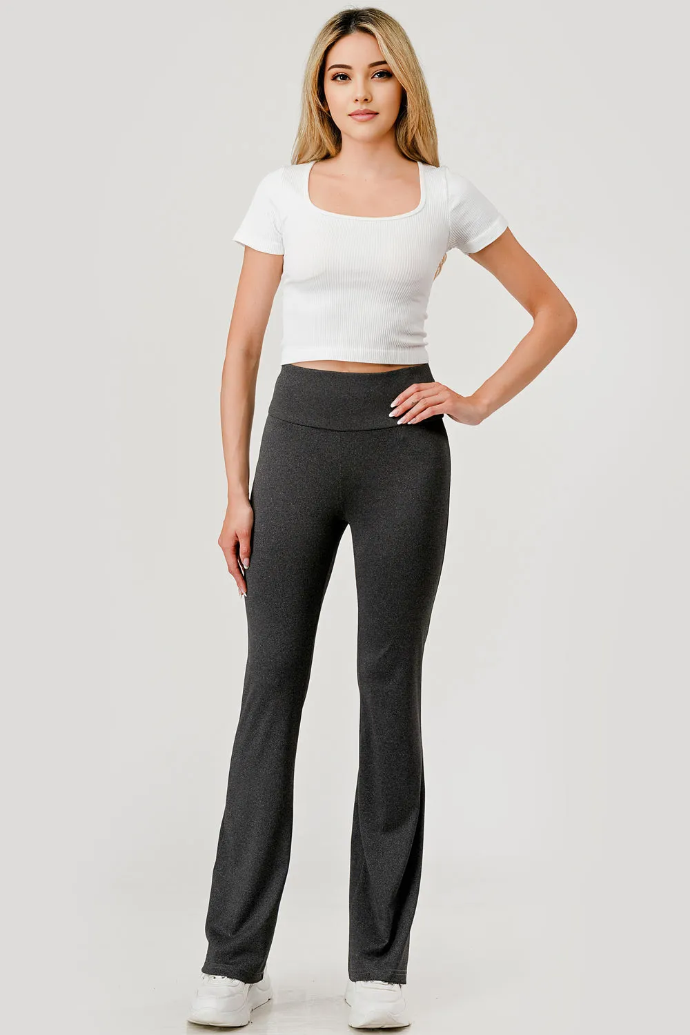 High Waist Tummy Control Boot Cut Flare Pants - Heather Charcoal