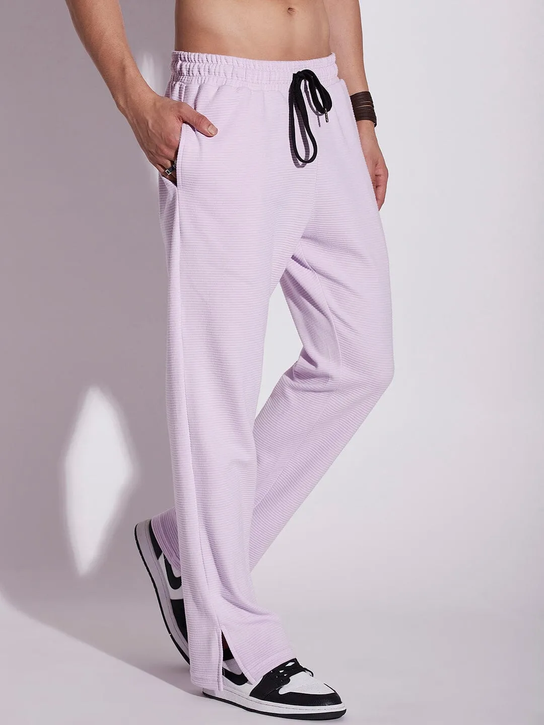 Lavender Textured Relaxed Fit Boot-Cut Pant