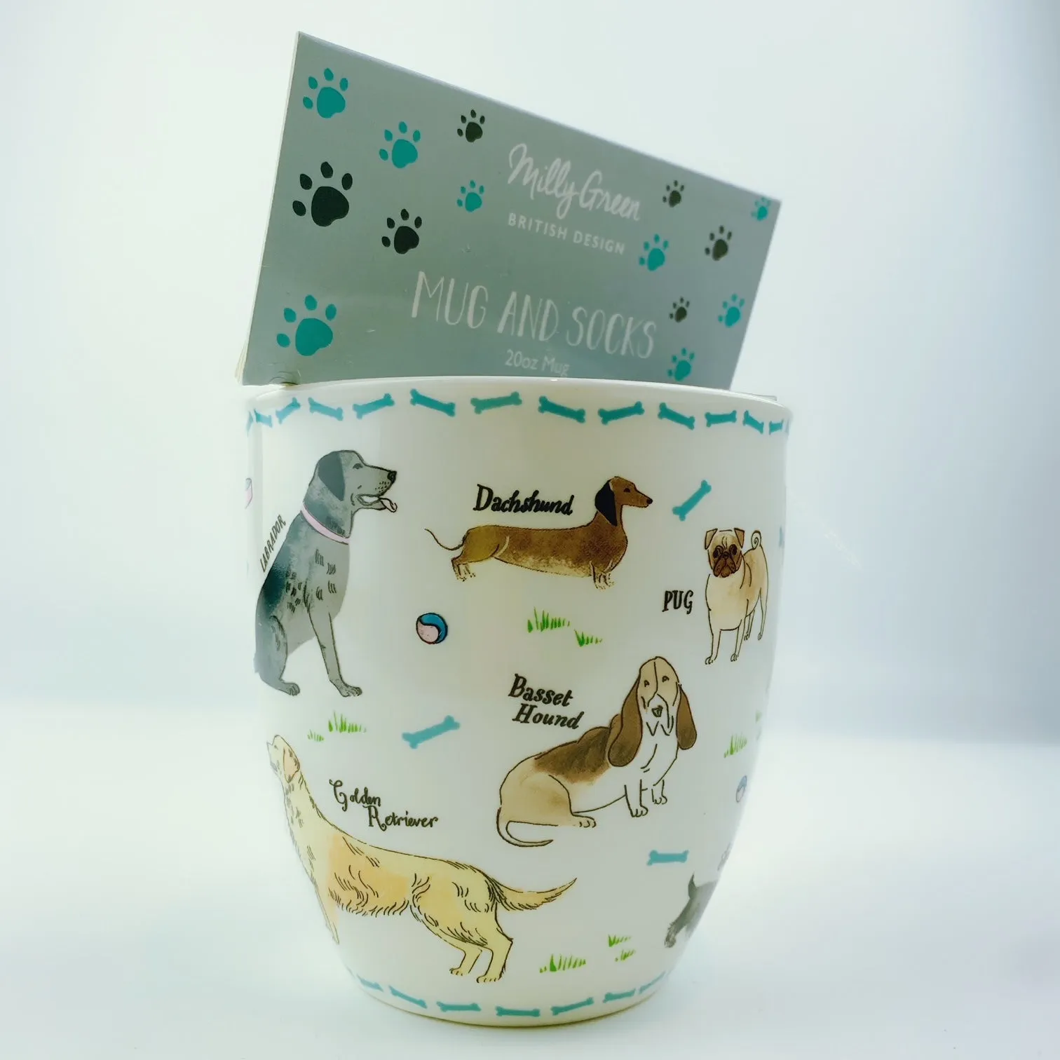 Milly Green British Design Debonair Dogs Coffee Mug Tea Cup With Sock Set