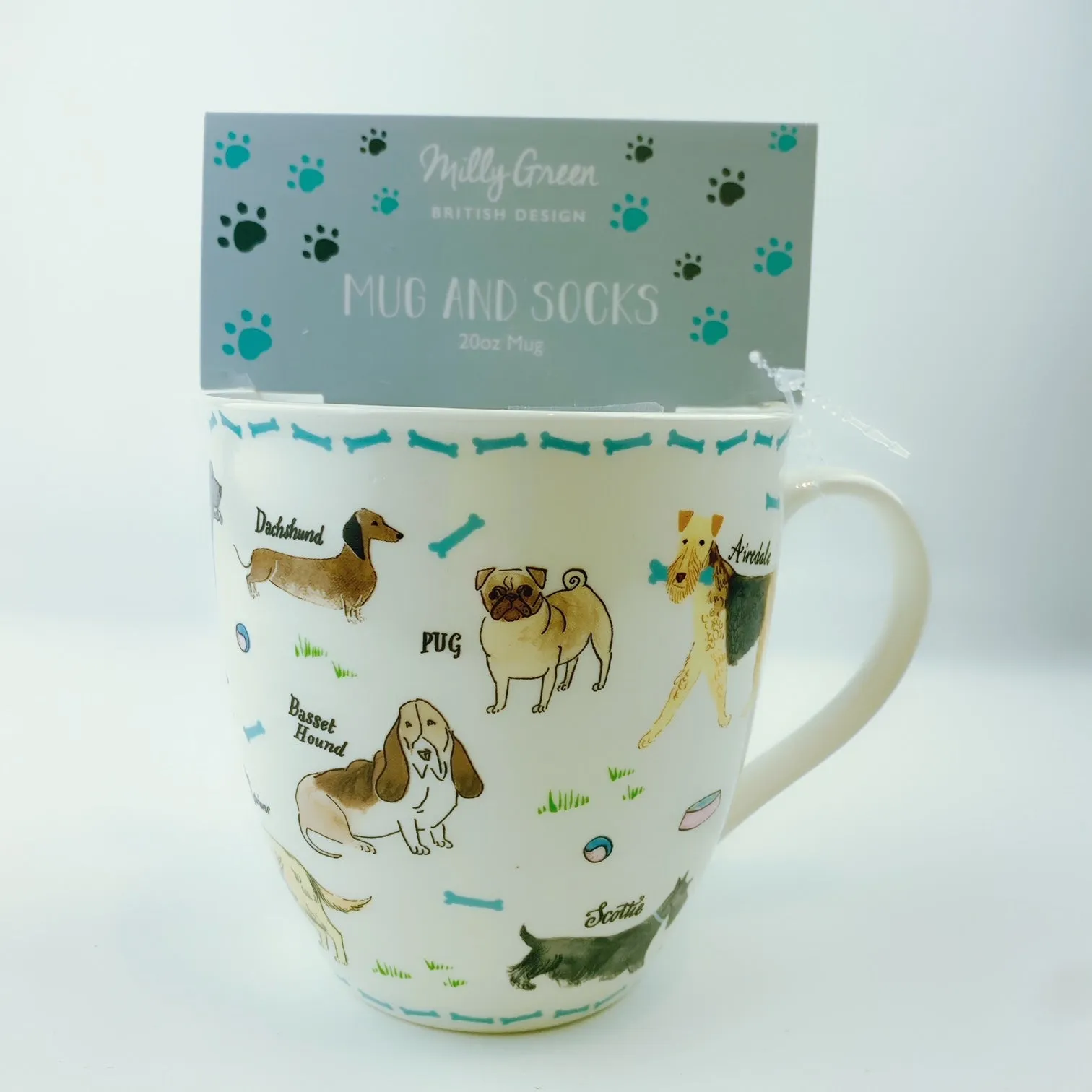 Milly Green British Design Debonair Dogs Coffee Mug Tea Cup With Sock Set