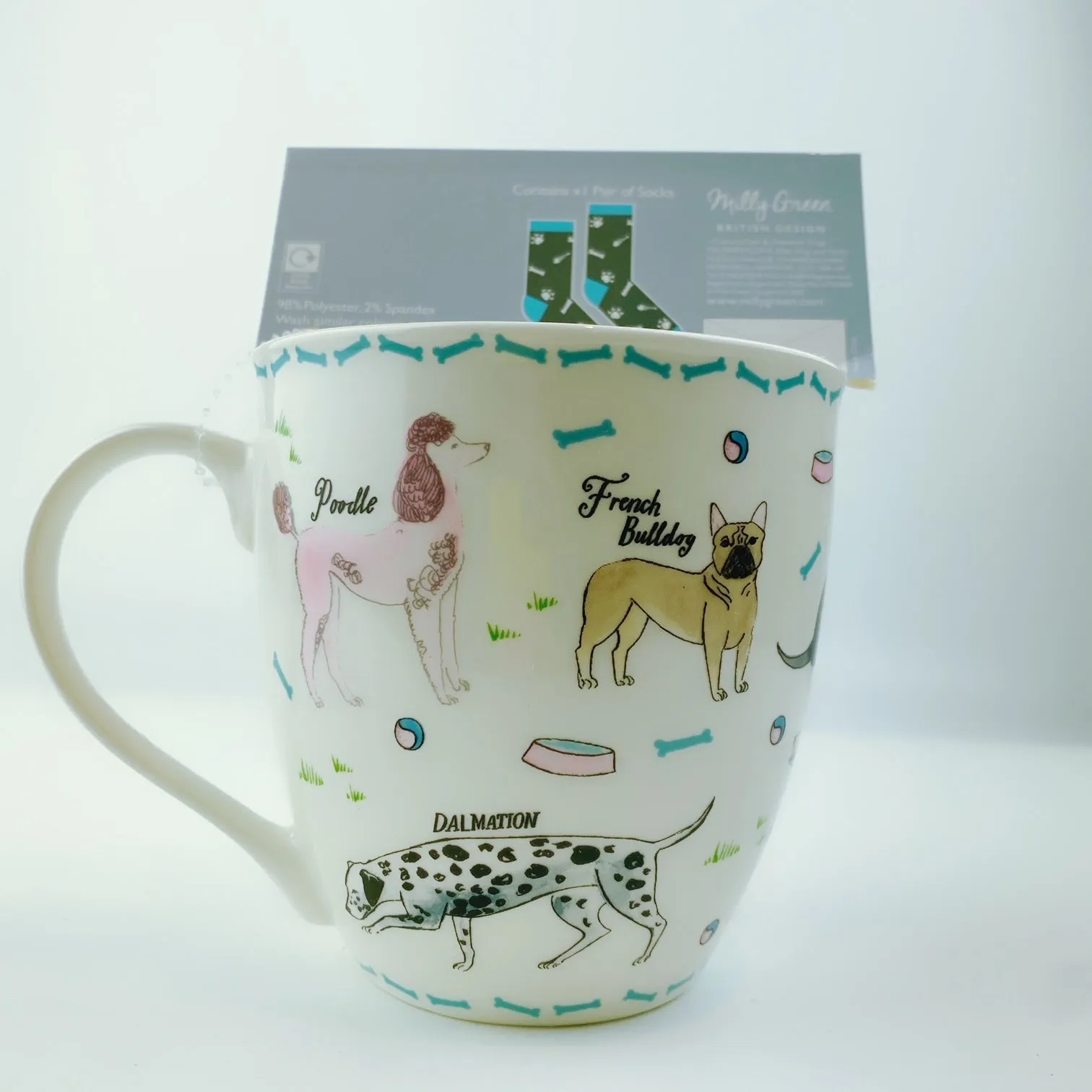 Milly Green British Design Debonair Dogs Coffee Mug Tea Cup With Sock Set