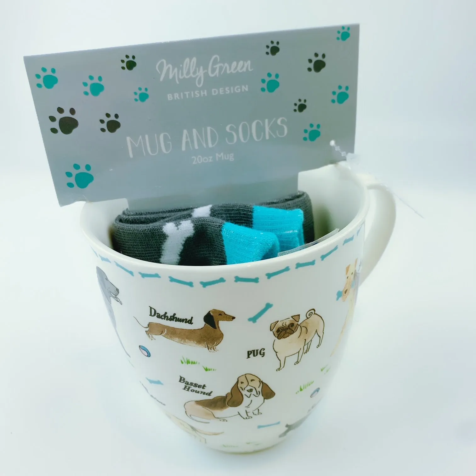 Milly Green British Design Debonair Dogs Coffee Mug Tea Cup With Sock Set