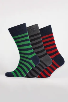 Mixed Everyday Cotton Sock Stripe 3 Pack - Green/Grey/Red